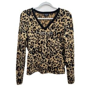 Bebe Cheetah Leopard Print Sweater Top Womens Small Tan Black V-Neck Rhinestones